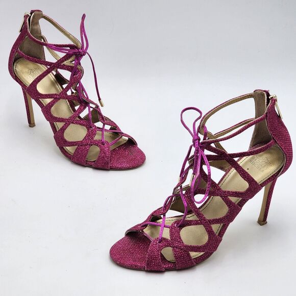 Belle Badgley Mischka Zandra Lace Up Strappy Pink Glitter Heels Size 7 - Picture 1 of 9